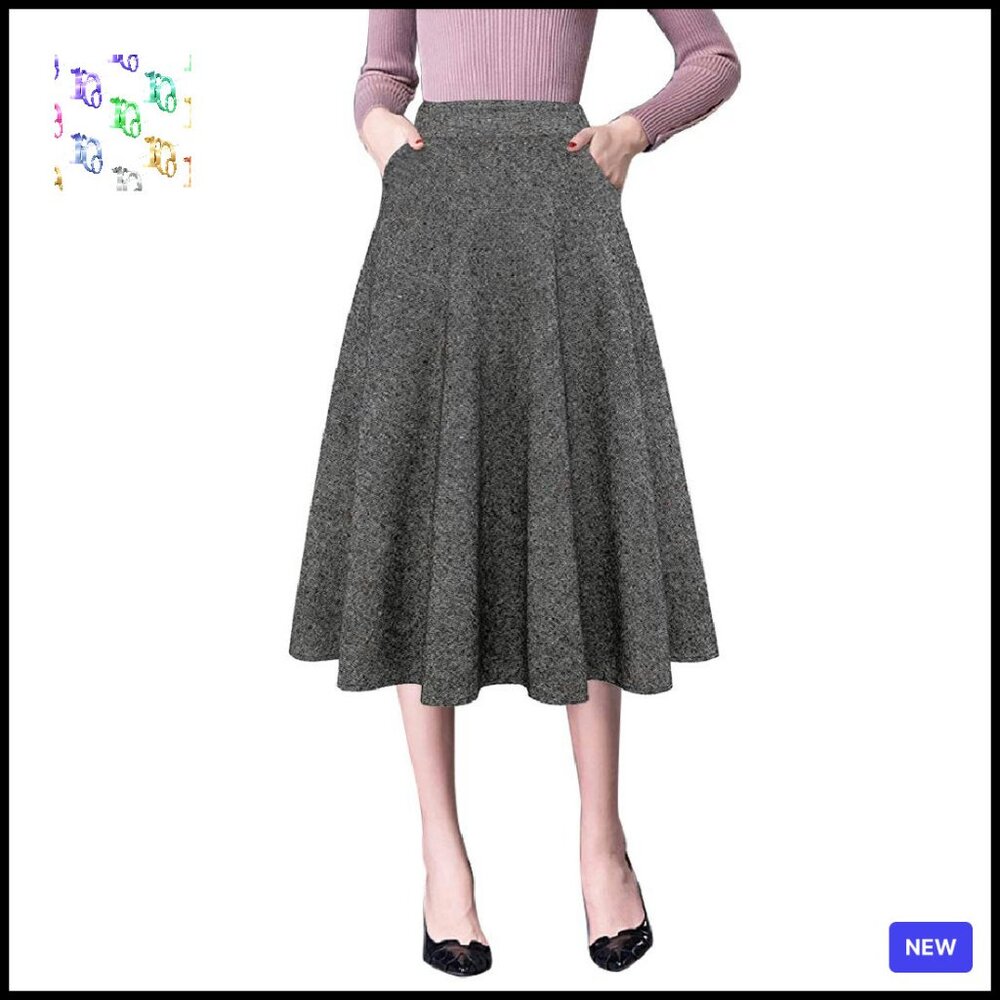 Woolen Plaid A-Line Midi Skirt High Waisted Pleated Classic Fall Winter Chic
